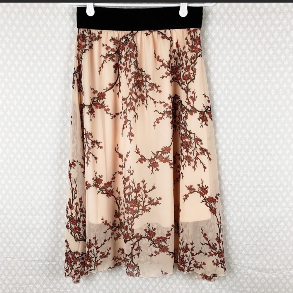 LulaRoe Lola Pink Chiffon Floral Midi Lined Skirt